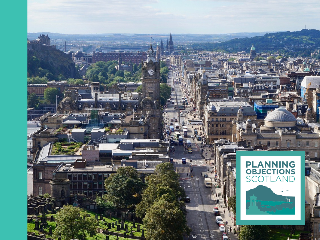 Cityscape of Edinburgh with planning objection logo