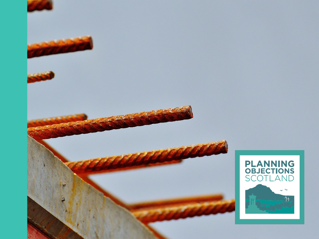 Image of a construction with concrete and rebar includes planning objection Scotland local.