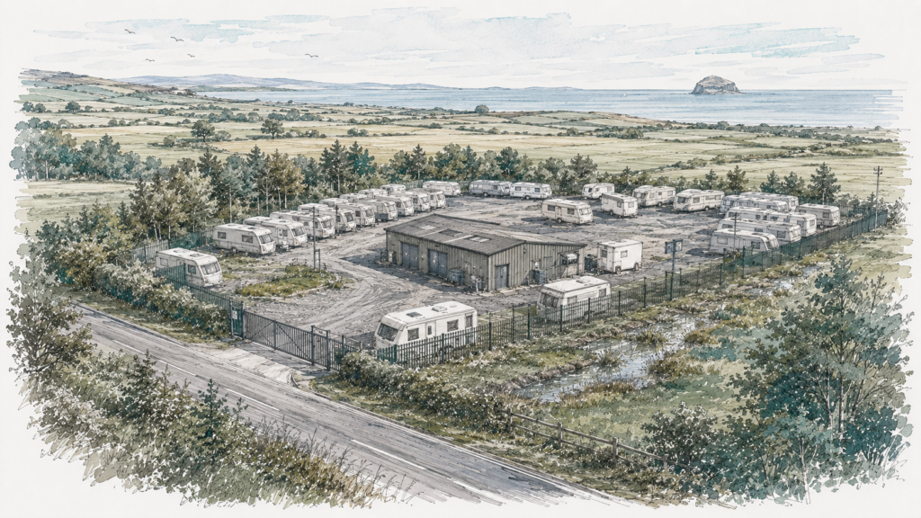 Hand-sketched architectural illustration of a large caravan storage and repair yard beside a rural road in South Ayrshire, with rows of caravans, perimeter fencing, a workshop building and low-lying drainage areas within an open coastal farmland setting.