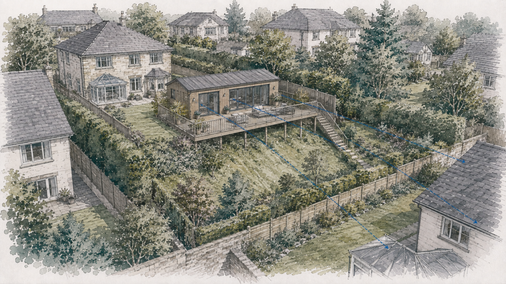 Architectural sketch illustrating a retrospective outbuilding and raised deck within an established Bearsden residential neighbourhood, highlighting planning considerations relating to privacy, overlooking and residential amenity.
