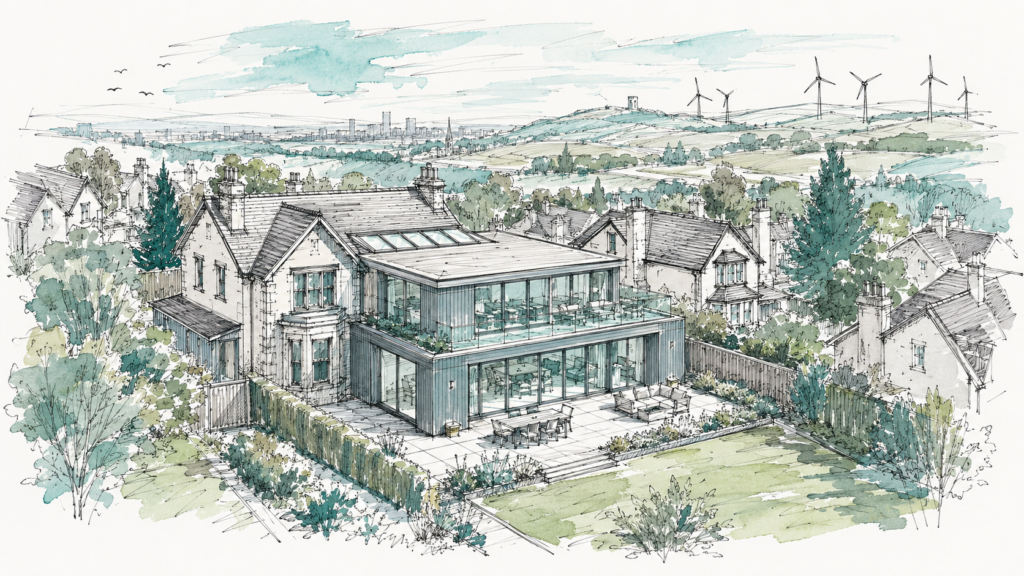 Hand-sketched architectural illustration of a substantial contemporary rear and side extension to a traditional detached house in East Renfrewshire, set within a mature suburban neighbourhood with distant hills, countryside and wind turbines.