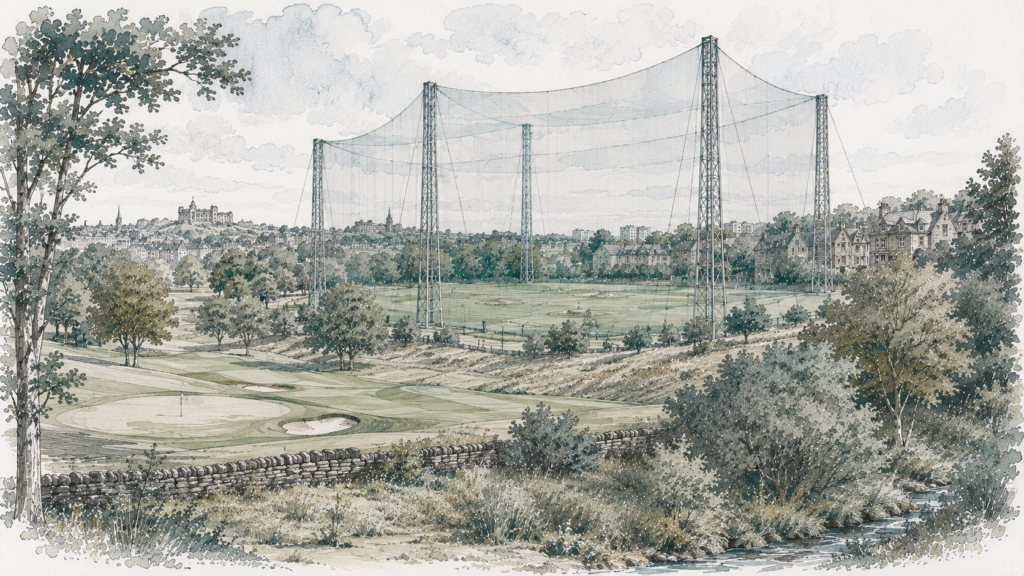 Hand-sketched architectural illustration of four tall steel towers and safety netting enclosing a golf practice facility within an established Edinburgh golf course, surrounded by mature trees, stone walls and nearby residential neighbourhoods.