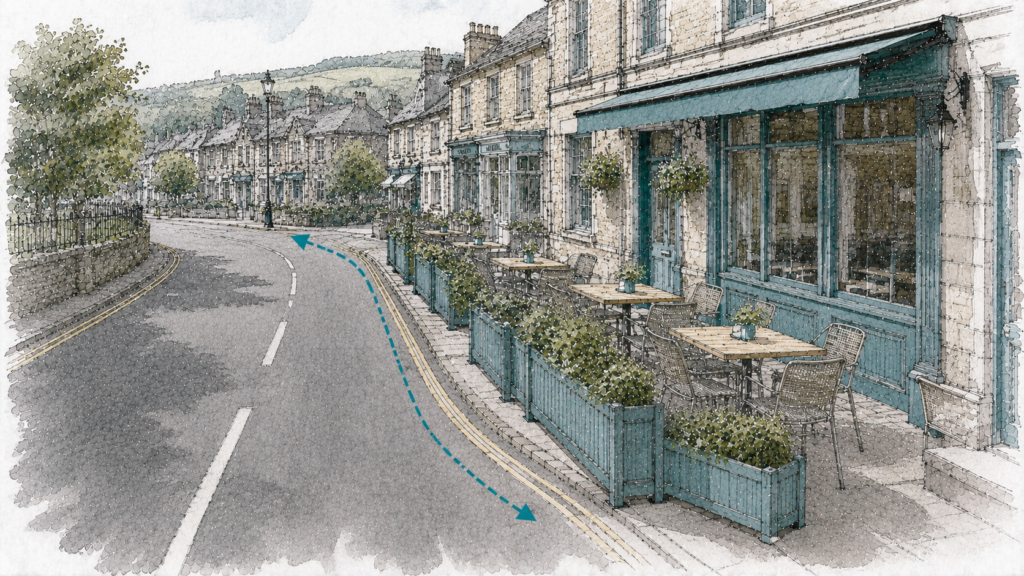 Hand-sketched architectural illustration of outdoor café seating occupying most of a footpath in a traditional Fife streetscape, with a dashed pedestrian desire line diverted into the carriageway.