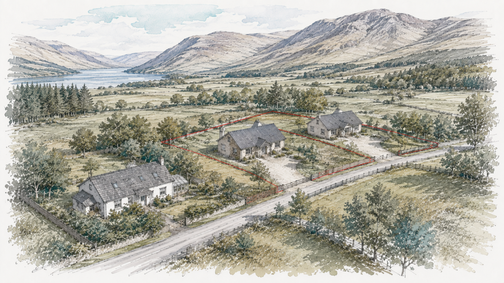 Hand-sketched architectural illustration of two proposed houses outlined in red beside an existing home in a rural Highland glen, surrounded by open fields, woodland, mountains and a distant loch.