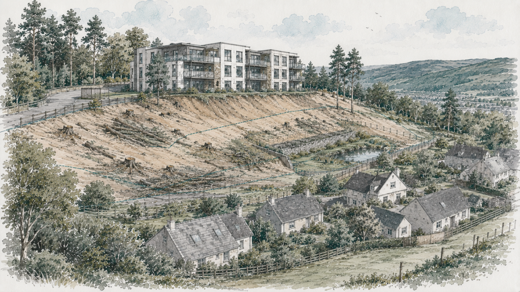Hand-sketched architectural illustration of a three-storey flatted development on an elevated site above existing cottages in Inverness, showing extensive tree removal, exposed ground and altered landscape features.