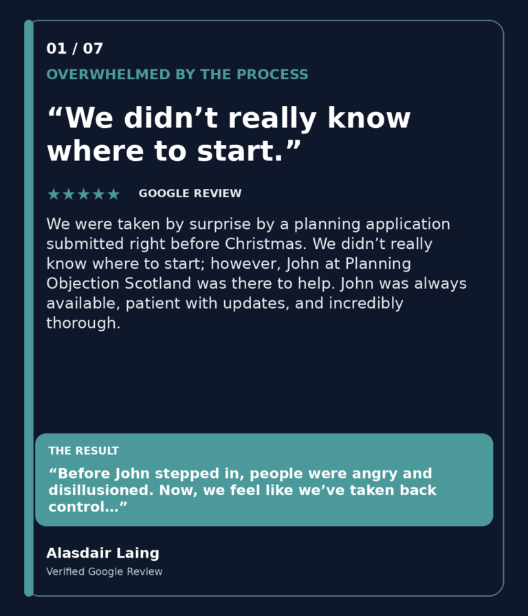 Google review from Alasdair Laing about getting professional help after not knowing where to start with a planning application.