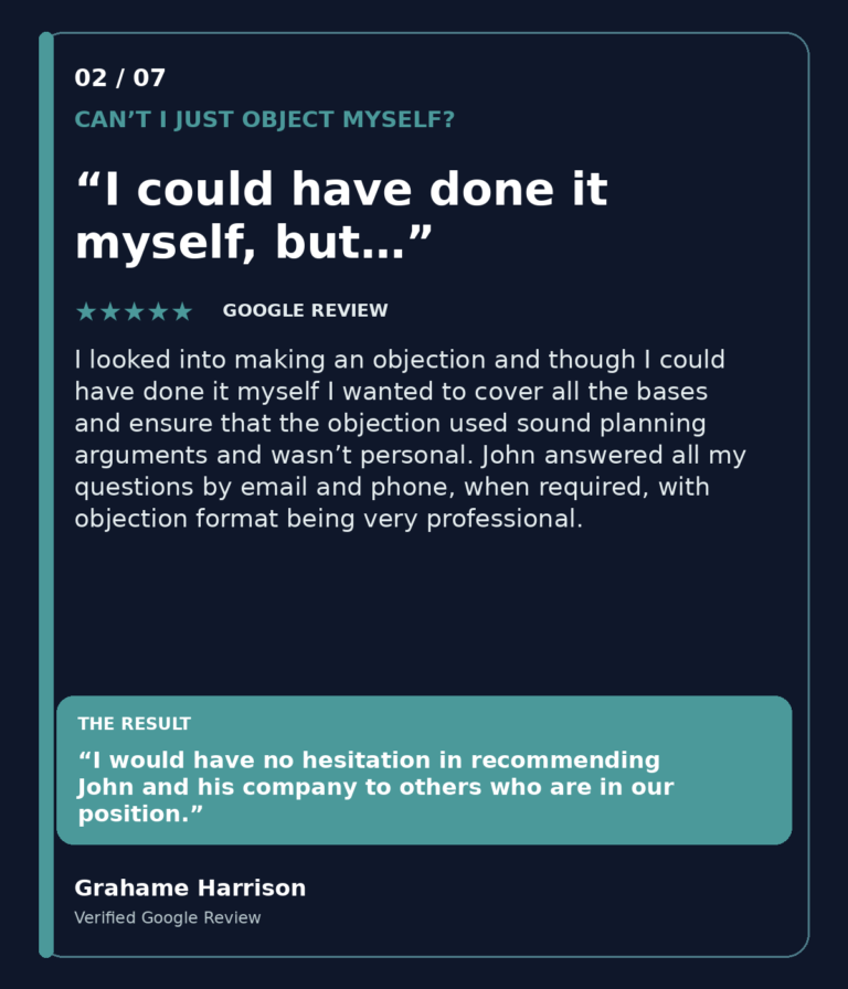 Google review from Grahame Harrison explaining why he chose professional help instead of preparing his own planning objection