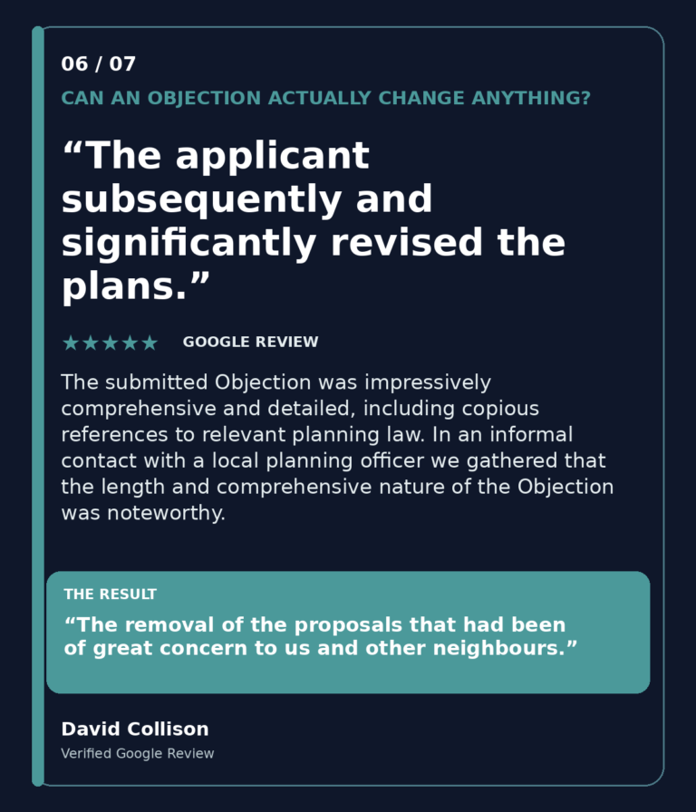 Google review from David Collison about a detailed planning objection followed by significant revisions to the proposed development.