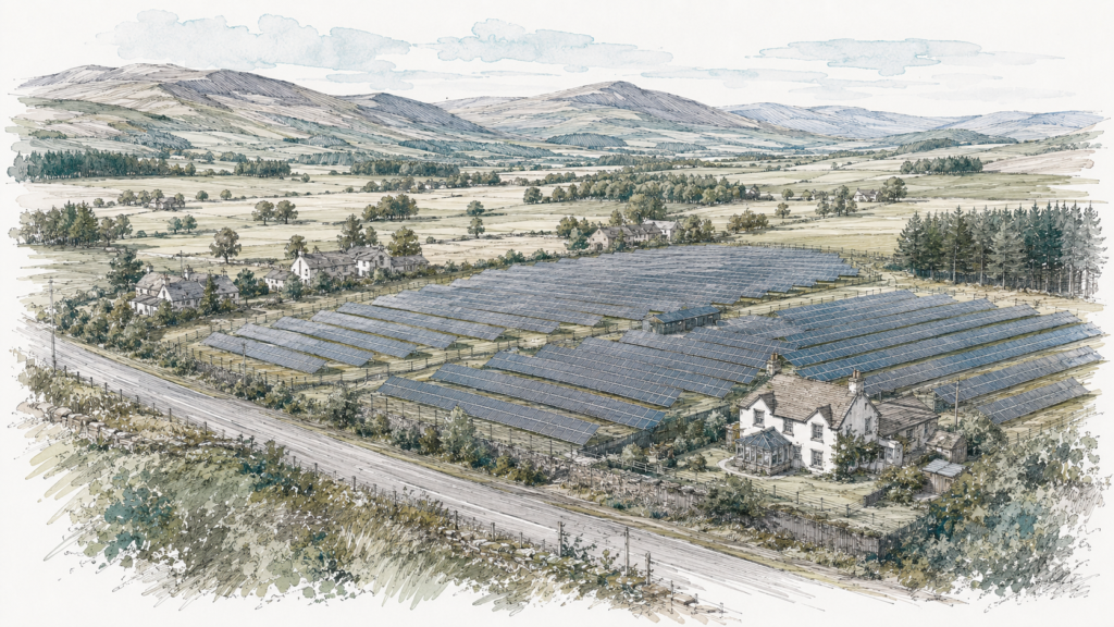 Hand-sketched architectural illustration of a large solar farm beside a rural road in an open Perthshire strath, with one house closely enclosed by solar panels and other homes near the site boundary.
