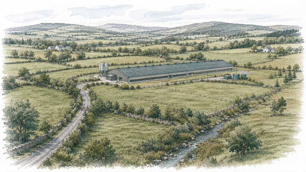 Architectural sketch of a proposed large free-range poultry unit within a Scottish Borders rural landscape, illustrating landscape, environmental, amenity and infrastructure considerations.