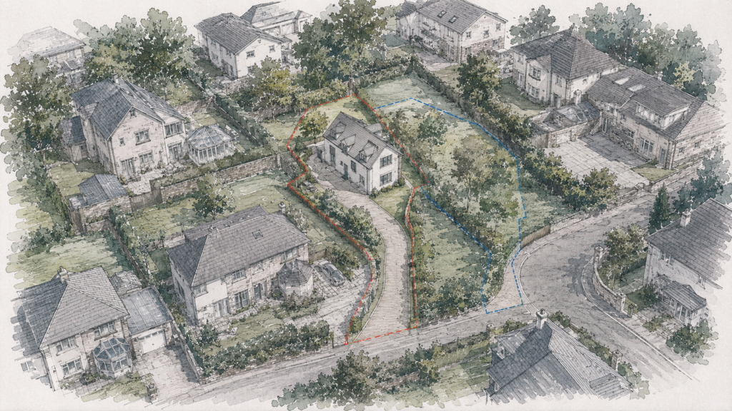 Hand-sketched aerial illustration of a constrained backland dwelling in a suburban Hamilton neighbourhood, with a long access drive, close neighbouring homes, mature gardens and an adjoining vacant area outlined separately.